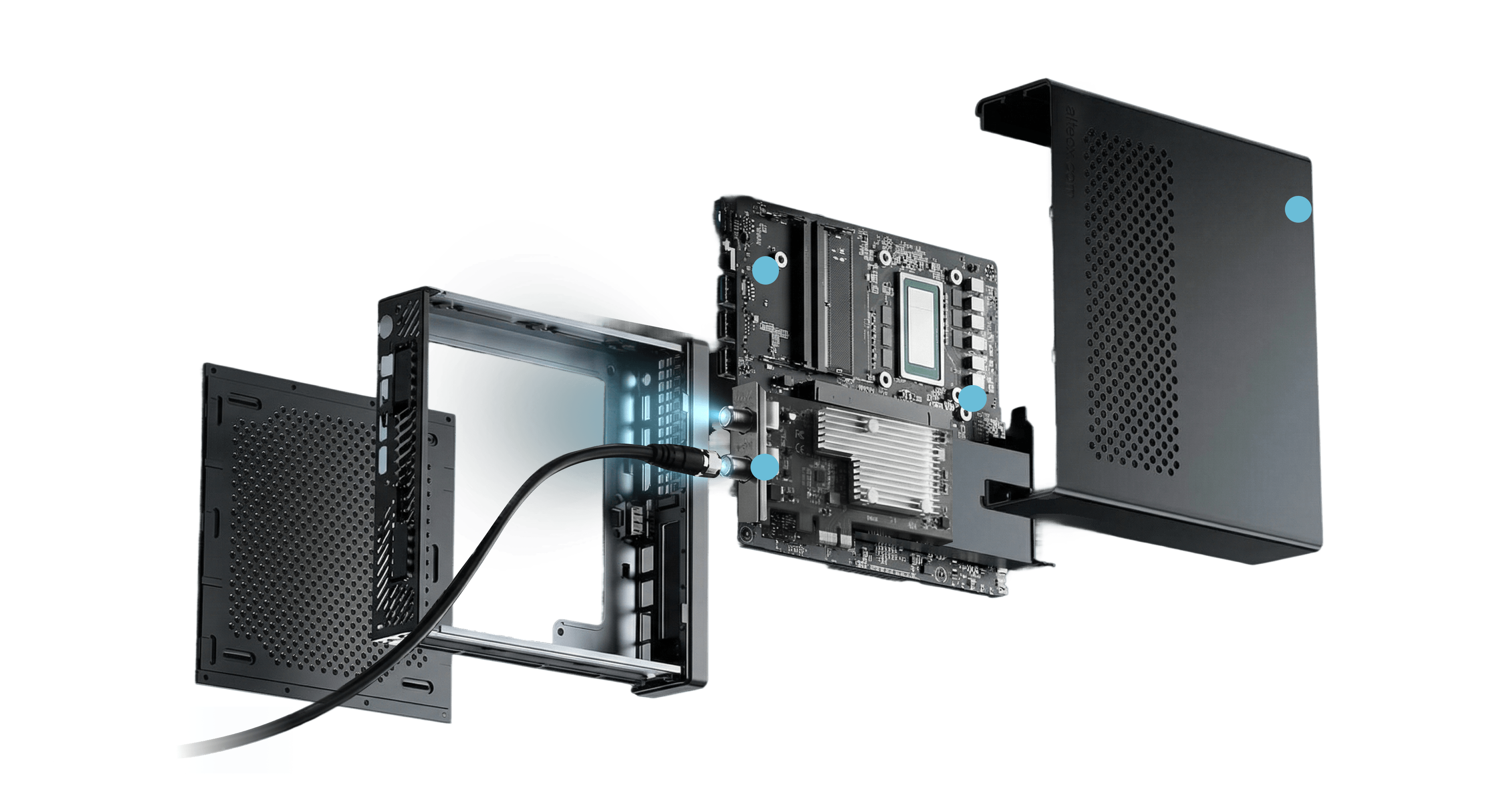 Exploded view of the Cable TV / IPTV Pro Box hardware showing device components and cabling