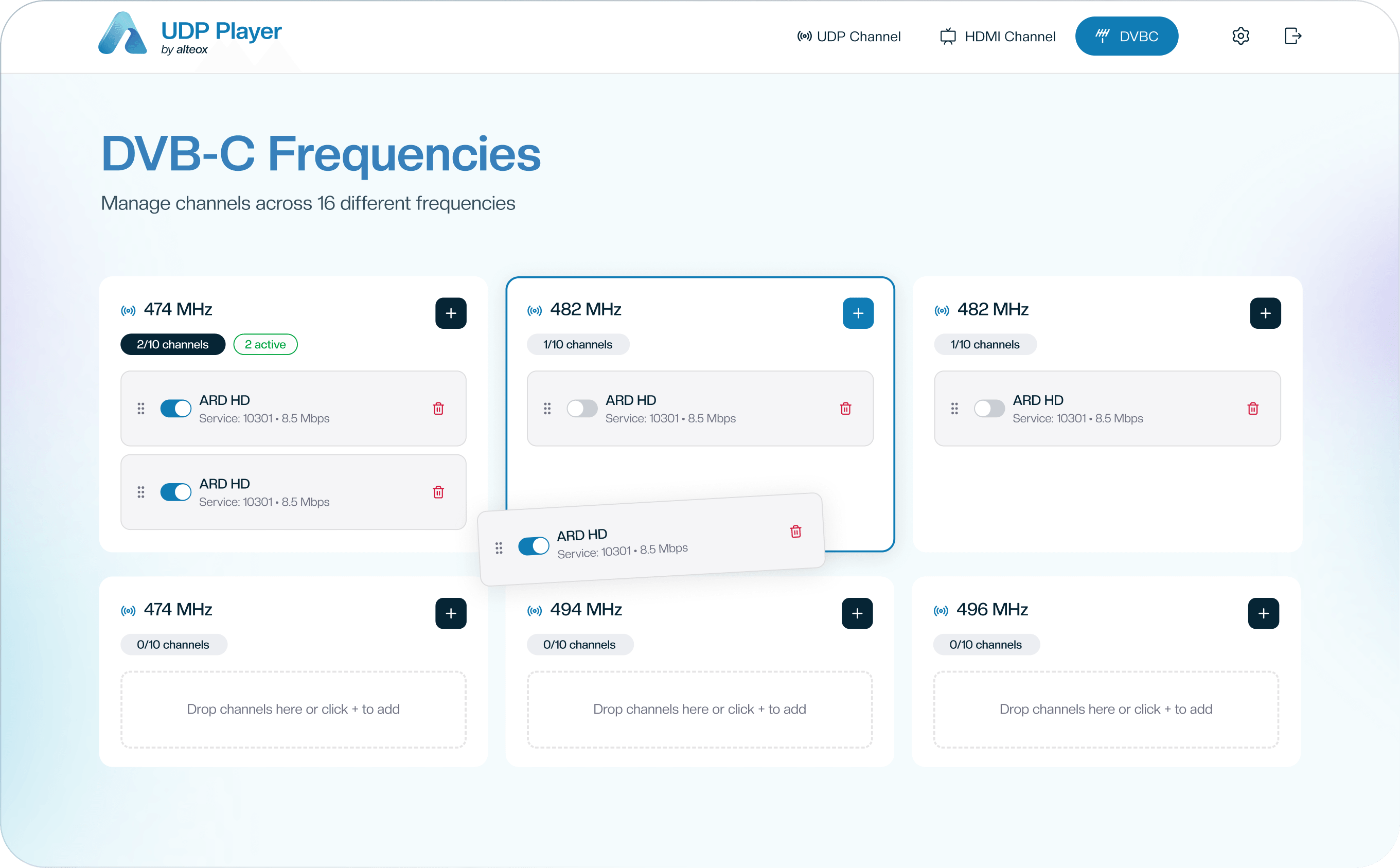 DVB-C software dashboard with frequency and channel management