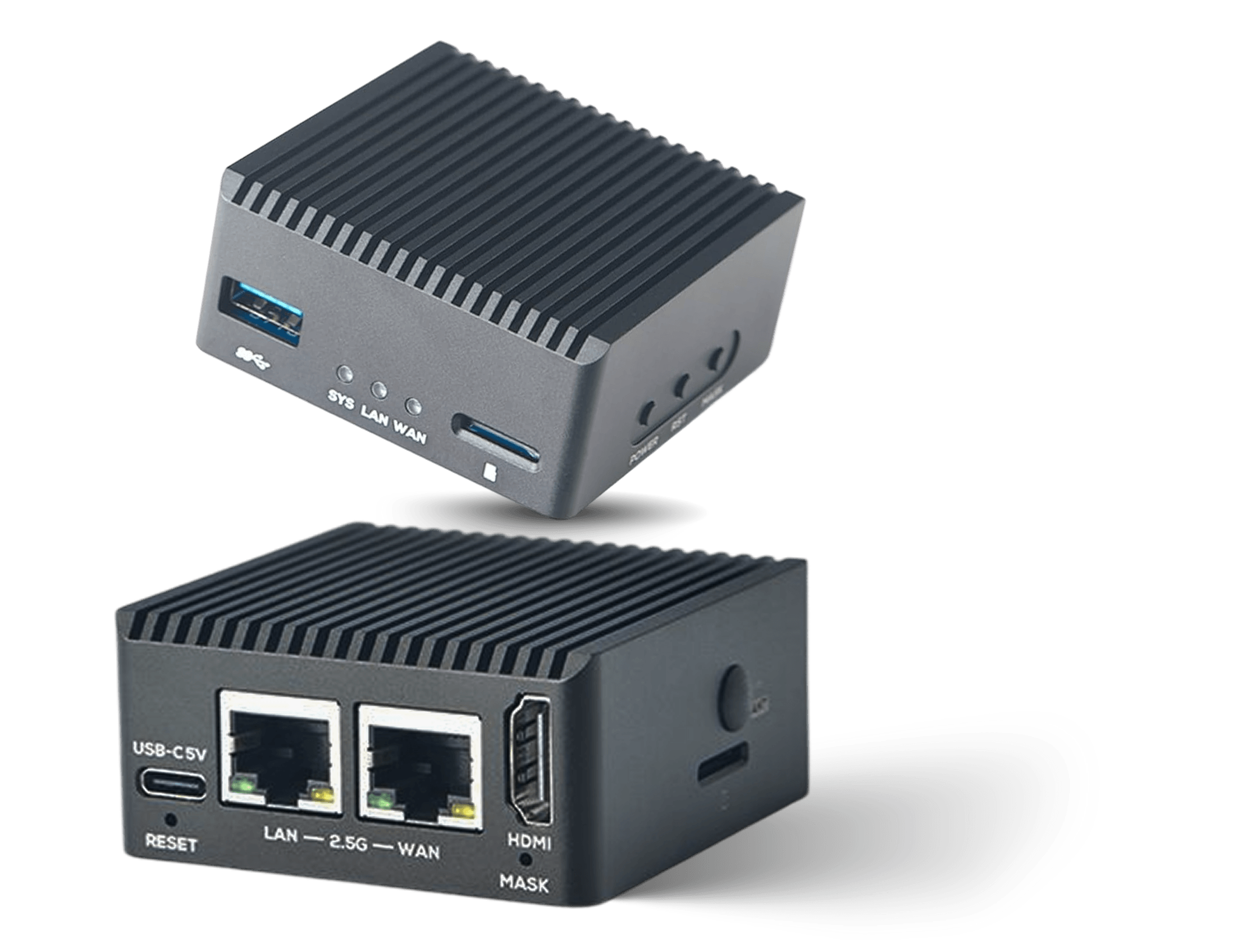IPTV / HDMI Box — front and rear views showing USB 3.0, status LEDs, micro-SD, dual 2.5G LAN, HDMI, and USB-C power
