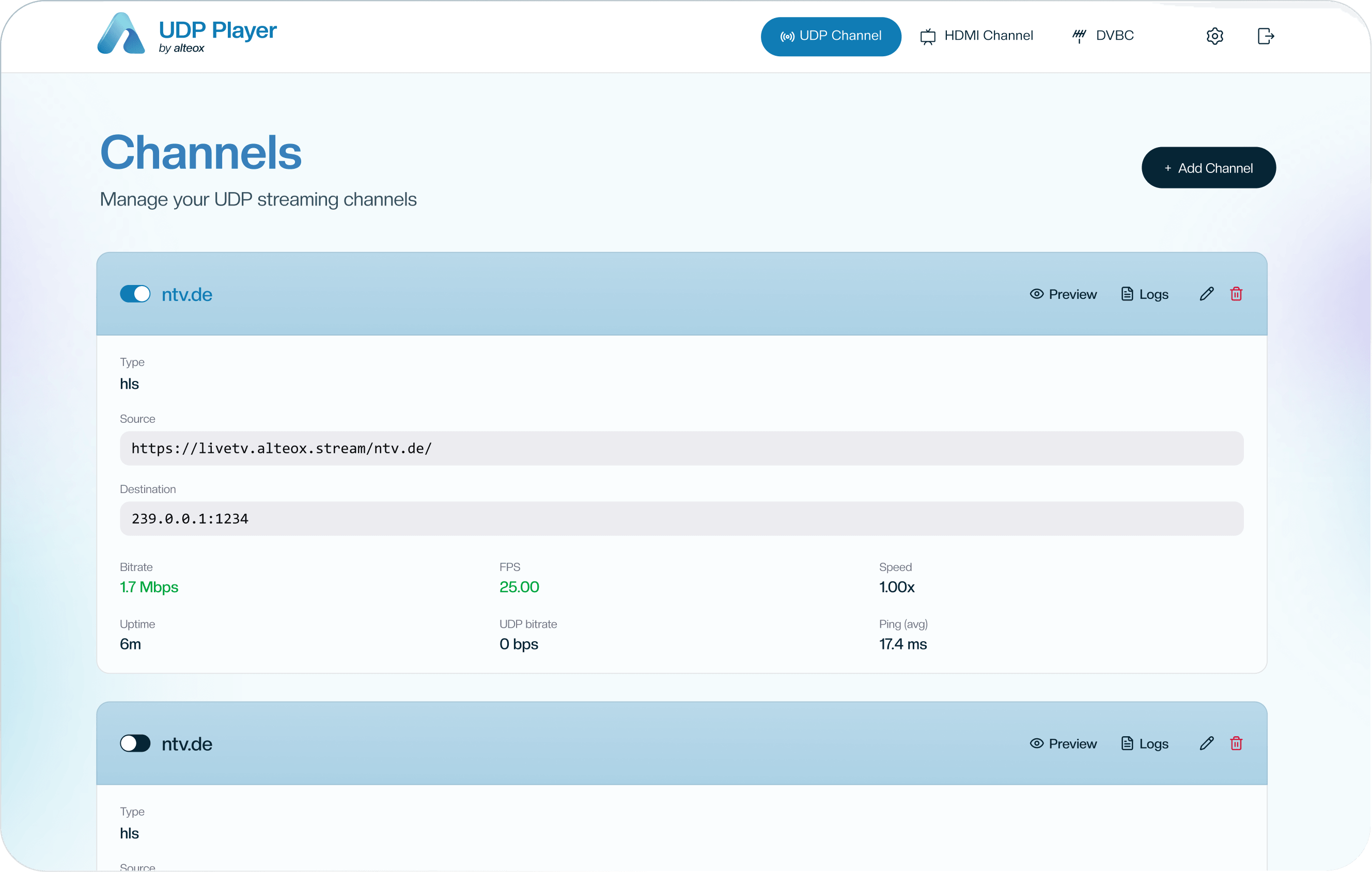 UDP Player by alteox — channel management interface